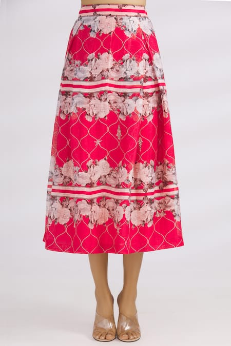 Shop MR. Ajay Kumar Red Linen Silk Skirt at Aza Fashions Shop_MR. Ajay Kumar_Red Linen Silk Skirt _at_Aza_Fashions