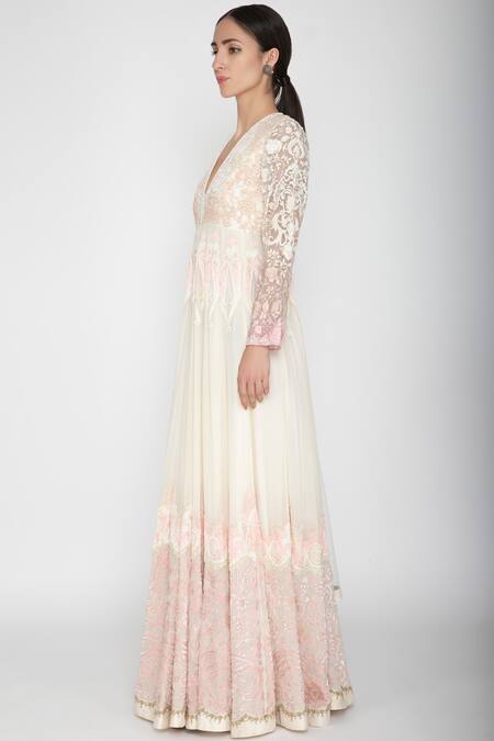 Varun Bahl_White Georgette Embroidered Anarkali With Dupatta_Online_at_Aza_Fashions