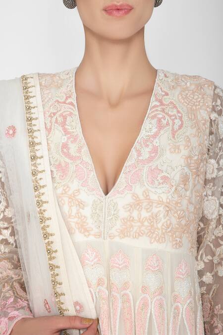 Shop_Varun Bahl_White Georgette Embroidered Anarkali With Dupatta_Online_at_Aza_Fashions