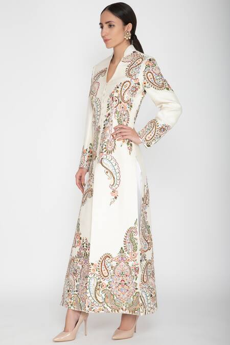 Varun Bahl_White Chinese Raw Silk Embellished Longline Jacket_Online_at_Aza_Fashions