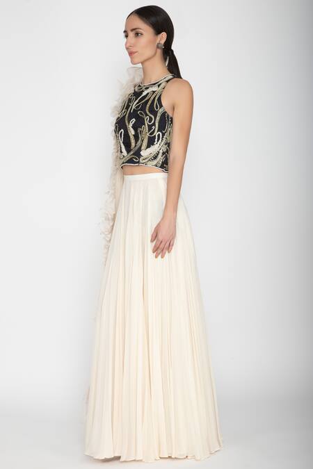 Varun Bahl_White Net, Viscose Crepe, Silk Organza Round Embellished Lehenga Set_Online_at_Aza_Fashions