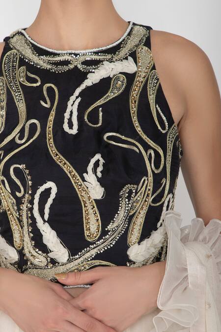 Shop_Varun Bahl_White Net, Viscose Crepe, Silk Organza Round Embellished Lehenga Set_Online_at_Aza_Fashions