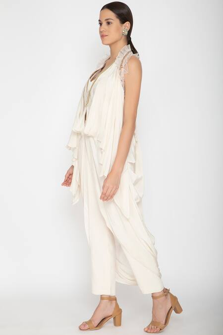 Varun Bahl_White Viscose Crepe Notched Embellished Cape With Top_Online_at_Aza_Fashions