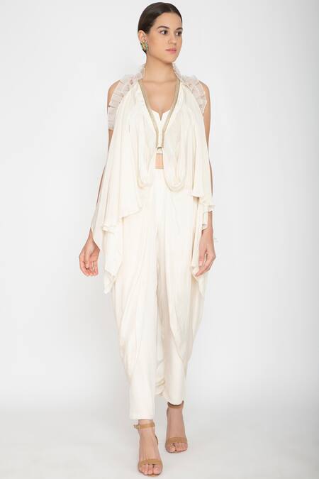 Buy_Varun Bahl_White Viscose Crepe Notched Embellished Cape With Top_Online_at_Aza_Fashions