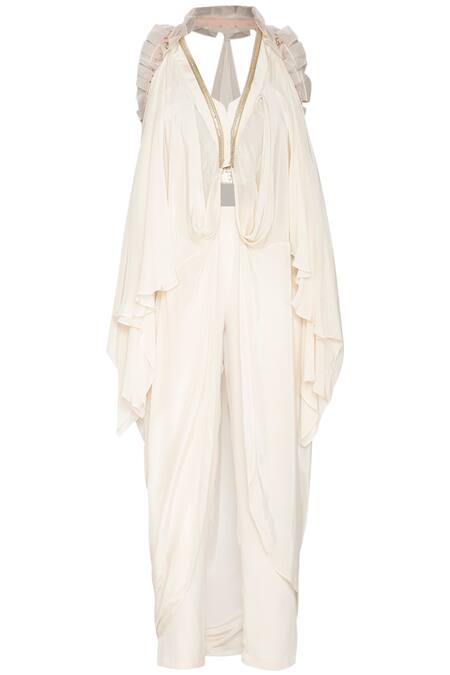 Shop_Varun Bahl_White Viscose Crepe Notched Embellished Cape With Top_Online_at_Aza_Fashions