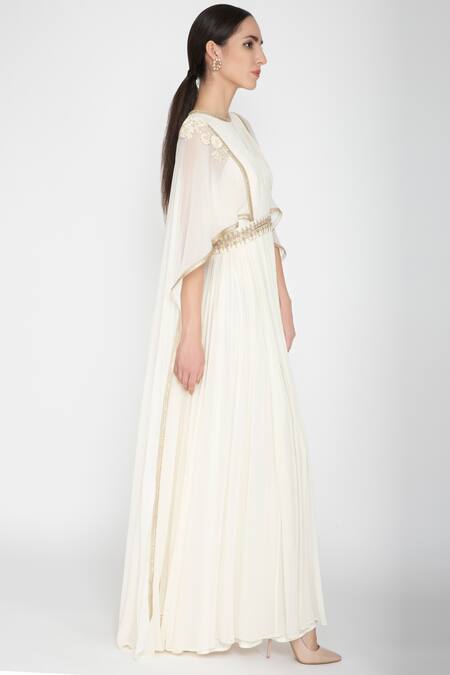 Varun Bahl_White Round Embellished Cape Gown_Online_at_Aza_Fashions