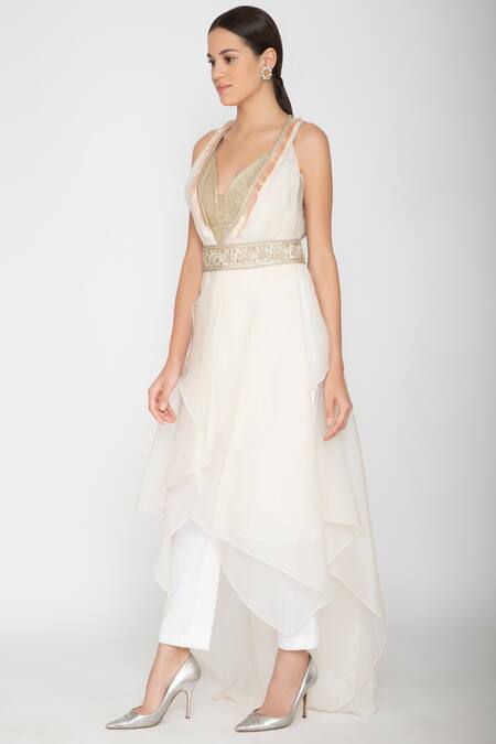 Varun Bahl_White Silk Organza V Neck Embellished Jacket With Top_Online_at_Aza_Fashions