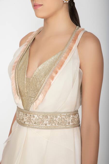 Varun Bahl_White Silk Organza V Neck Embellished Jacket With Top_at_Aza_Fashions