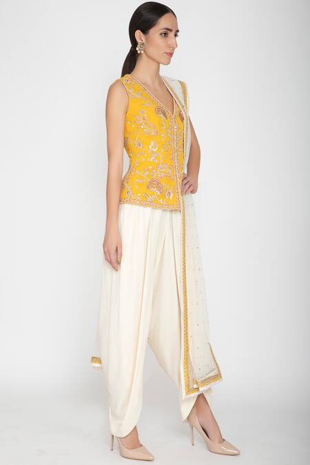 Varun Bahl_Yellow Rayon, Pure Georgette V Neck Embellished Kurta Dhoti Pant Set_Online_at_Aza_Fashions
