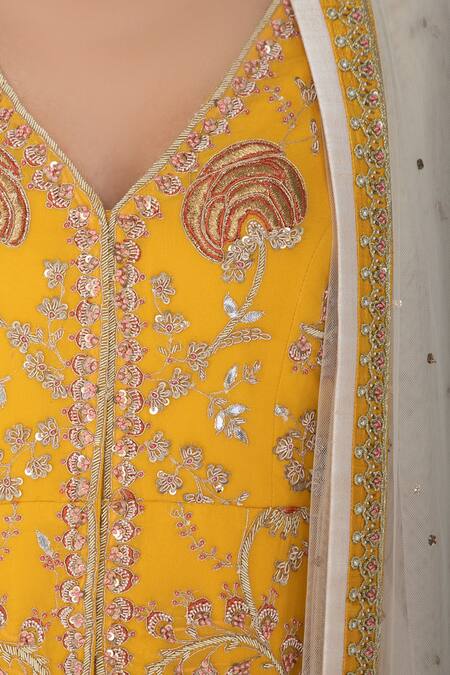 Varun Bahl_Yellow Rayon, Pure Georgette V Neck Embellished Kurta Dhoti Pant Set_at_Aza_Fashions