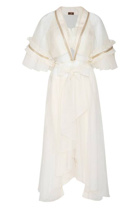 Buy_Varun Bahl_White Raw Silk Round Embellished Cape With Crop Top_Online_at_Aza_Fashions