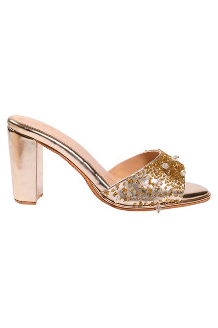 Nidhi Bhandari_Gold Crystals, Beads Embellished Block Heels _Online_at_Aza_Fashions