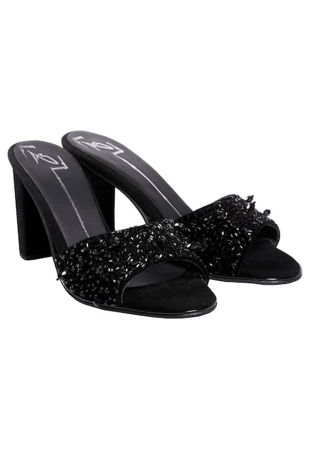 Nidhi Bhandari Black Crystals, Beads Velvet Embellished Block Heels