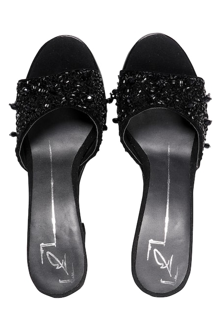 Shop Nidhi Bhandari Black Crystals, Beads Velvet Embellished Block Heels at Aza Fashions Shop_Nidhi Bhandari_Black Crystals, Beads Velvet Embellished Block Heels _at_Aza_Fashions