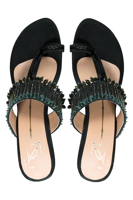 Shop Nidhi Bhandari Green Crystals, Beads, Stones Velvet Embellished Wedges at Aza Fashions Shop_Nidhi Bhandari_Green Crystals, Beads, Stones Velvet Embellished Wedges_at_Aza_Fashions