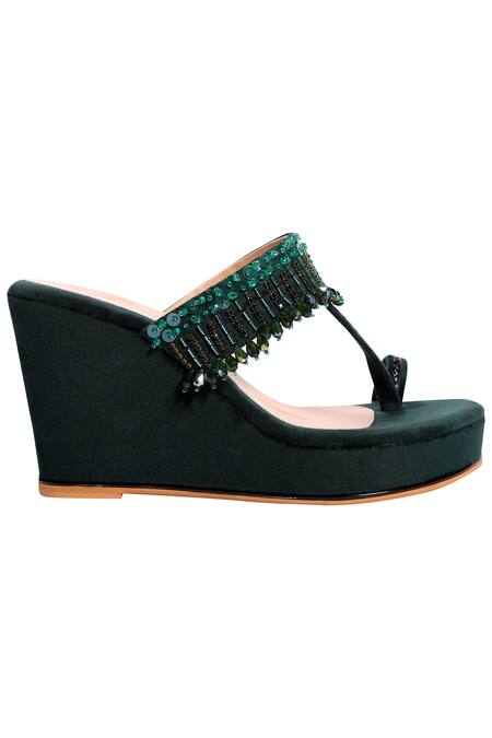 Nidhi Bhandari Green Crystals, Beads, Stones Velvet Embellished Wedges Online at Aza Fashions Nidhi Bhandari_Green Crystals, Beads, Stones Velvet Embellished Wedges_Online_at_Aza_Fashions