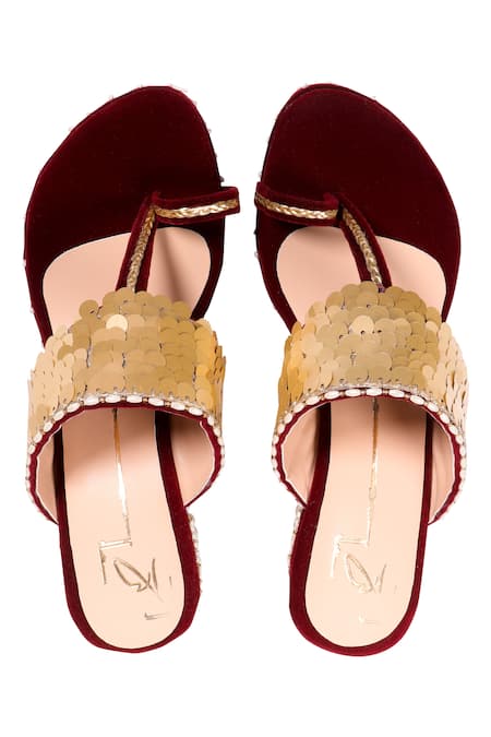 Shop_Nidhi Bhandari_Maroon Pearls, Sequins Embroidered Velvet Kolhapuri Wedges _at_Aza_Fashions