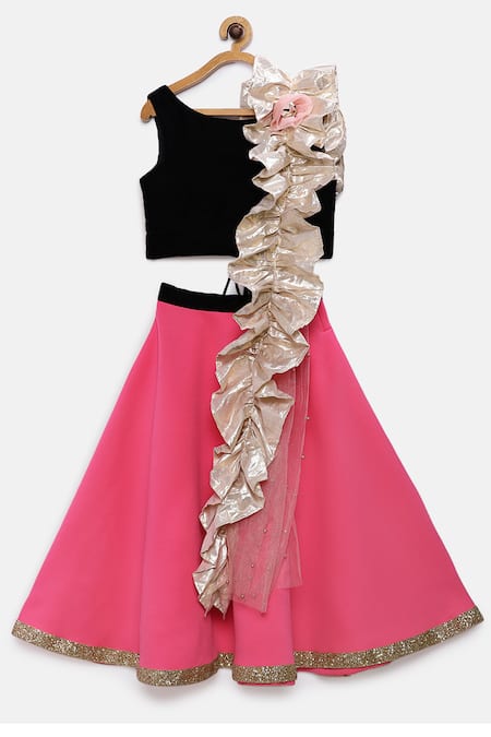 Pinkcow designs pvt ltd Black Velvet, Silk Ruffles, Tassels Lehenga Set 