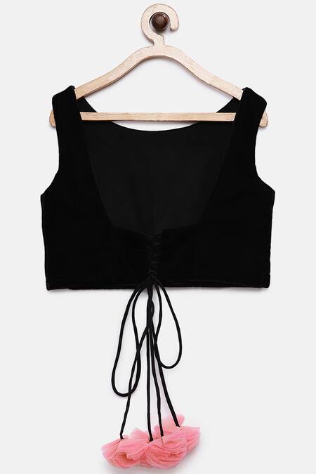 Shop Pinkcow designs pvt ltd Black Velvet, Silk Ruffles, Tassels Lehenga Set Online at Aza Fashions Shop_Pinkcow designs pvt ltd_Black Velvet, Silk Ruffles, Tassels Lehenga Set _Online_at_Aza_Fashions