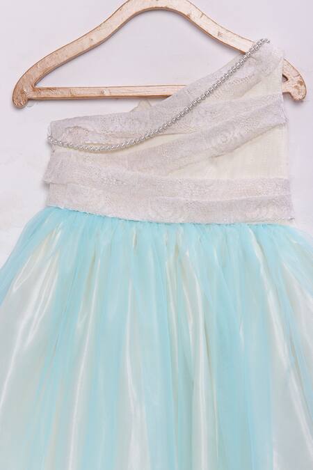 Pinkcow designs pvt ltd_Blue Satin, Net Embroidery One Shoulder Gown _Online_at_Aza_Fashions