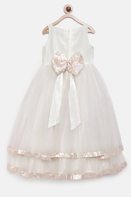 Shop Pinkcow designs pvt ltd White Brocade, Net Bows Gown at Aza Fashions Shop_Pinkcow designs pvt ltd_White Brocade, Net Bows Gown _at_Aza_Fashions