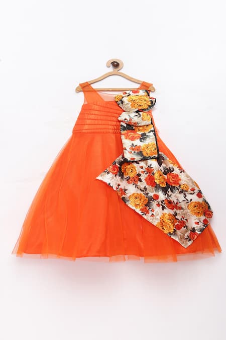 Pinkcow designs pvt ltd Orange Silk Printed Bow Gown 