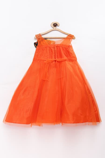 Shop Pinkcow designs pvt ltd Orange Silk Printed Bow Gown at Aza Fashions Shop_Pinkcow designs pvt ltd_Orange Silk Printed Bow Gown _at_Aza_Fashions