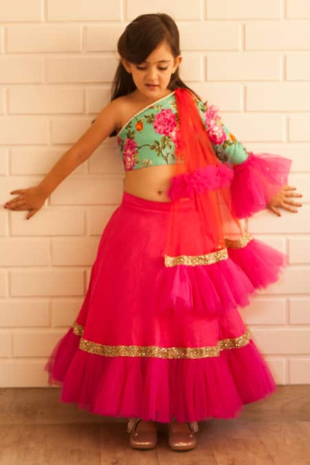 Pinkcow designs pvt ltd Pink Satin Ruffle Lehenga Set 