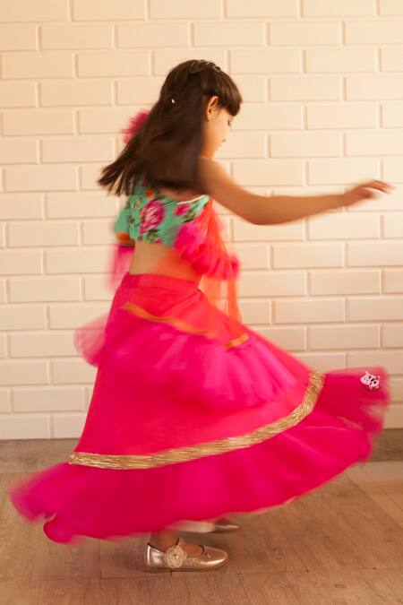 Shop_Pinkcow designs pvt ltd_Pink Satin Ruffle Lehenga Set _at_Aza_Fashions