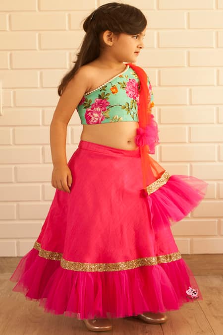 Pinkcow designs pvt ltd_Pink Satin Ruffle Lehenga Set _Online_at_Aza_Fashions