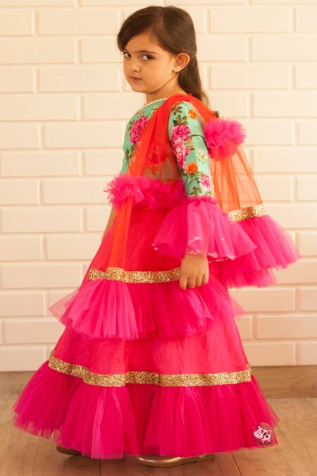 Buy_Pinkcow designs pvt ltd_Pink Satin Ruffle Lehenga Set _Online_at_Aza_Fashions