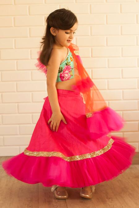 Shop_Pinkcow designs pvt ltd_Pink Satin Ruffle Lehenga Set _Online_at_Aza_Fashions