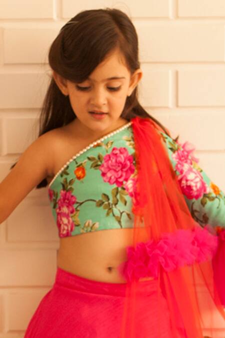 Pinkcow designs pvt ltd_Pink Satin Ruffle Lehenga Set _at_Aza_Fashions