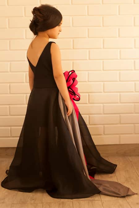 Shop Pinkcow designs pvt ltd Black Organza, Satin Bows Flared Gown at Aza Fashions Shop_Pinkcow designs pvt ltd_Black Organza, Satin Bows Flared Gown _at_Aza_Fashions