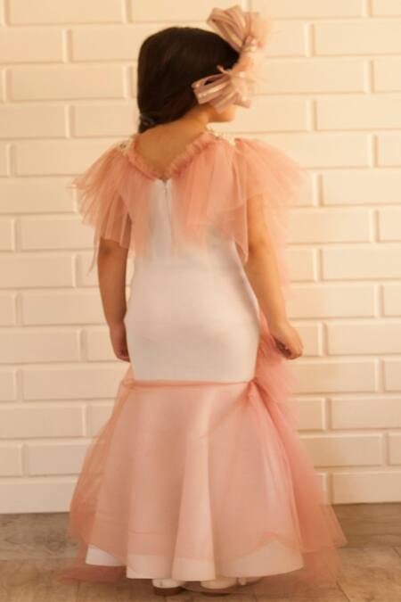 Shop Pinkcow designs pvt ltd White Net Embroidery Frill Mermaid Gown at Aza Fashions Shop_Pinkcow designs pvt ltd_White Net Embroidery Frill Mermaid Gown _at_Aza_Fashions