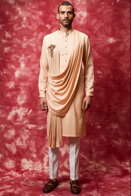 Qbik_Beige Kurta Cotton Viscose Draped Pant Set _Online_at_Aza_Fashions