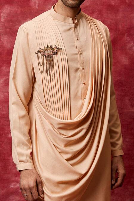 Buy_Qbik_Beige Kurta Cotton Viscose Draped Pant Set _Online_at_Aza_Fashions