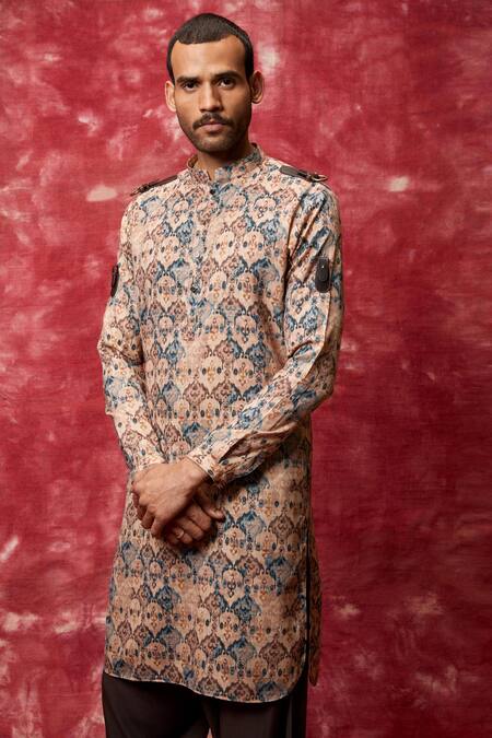 Qbik_Beige Kurta Cotton Viscose Printed Pathani Set _Online_at_Aza_Fashions