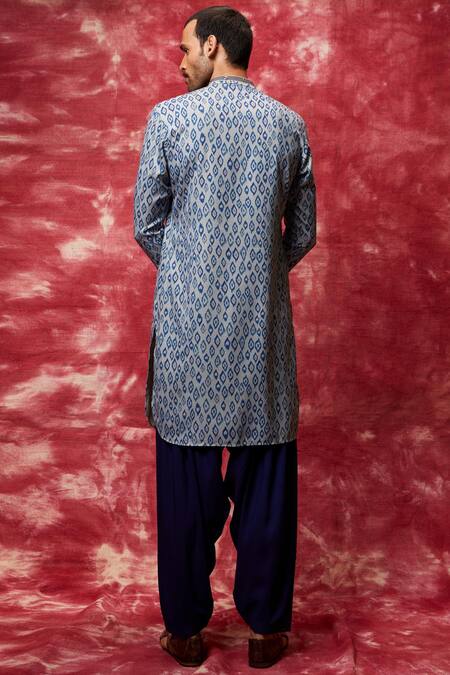 Shop Qbik Blue Kurta Cotton Viscose Printed Pathani Salwar Set at Aza Fashions Shop_Qbik_Blue Kurta Cotton Viscose Printed Pathani Salwar Set _at_Aza_Fashions