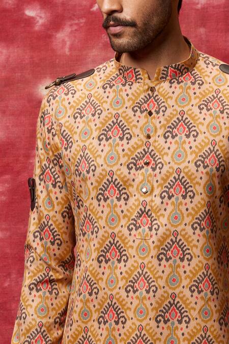Qbik_Yellow Kurta Cotton Viscose Printed Pathani Set_Online_at_Aza_Fashions