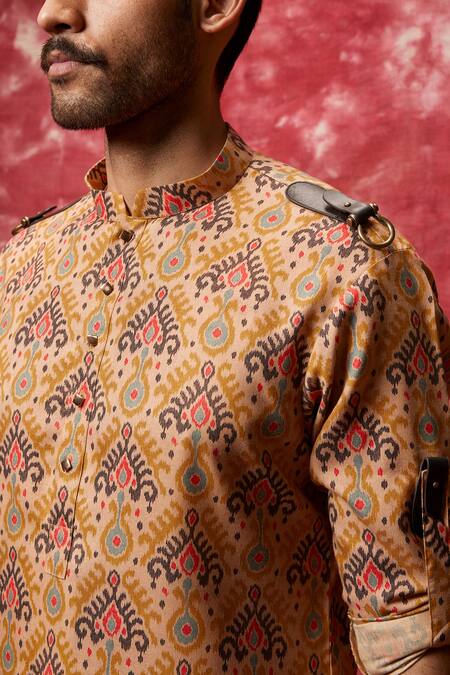 Buy_Qbik_Yellow Kurta Cotton Viscose Printed Pathani Set_Online_at_Aza_Fashions