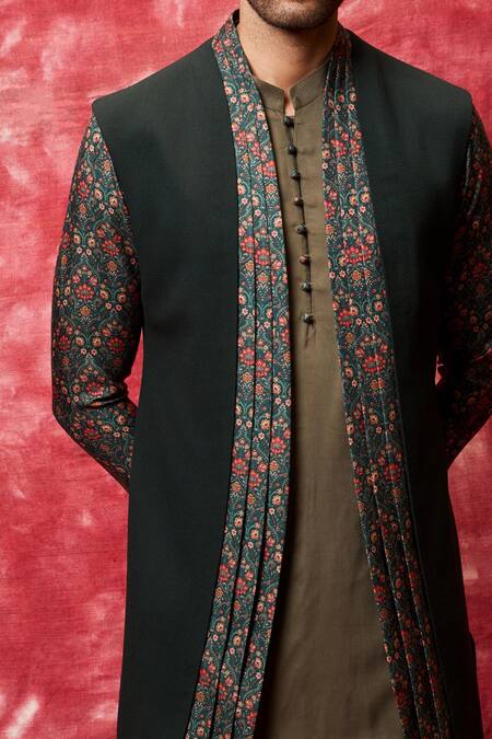 Qbik_Multi Color Wool Viscose Asymmetric Jacket Kurta Set _Online_at_Aza_Fashions