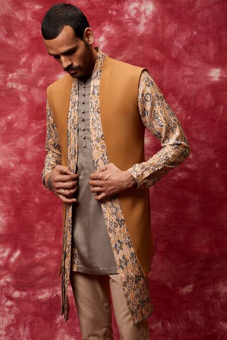 Qbik_Multi Color Cotton Viscose Asymmetric Jacket Kurta Set _Online_at_Aza_Fashions