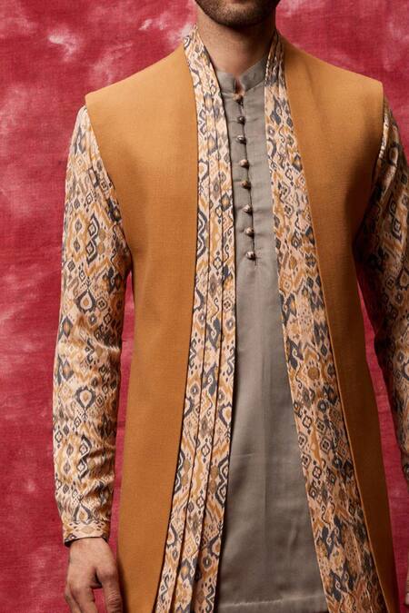 Buy_Qbik_Multi Color Cotton Viscose Asymmetric Jacket Kurta Set _Online_at_Aza_Fashions