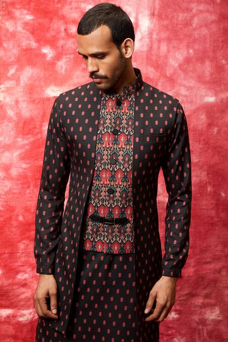 Qbik_Black Cotton Viscose Printed Jacket Kurta Set _Online_at_Aza_Fashions