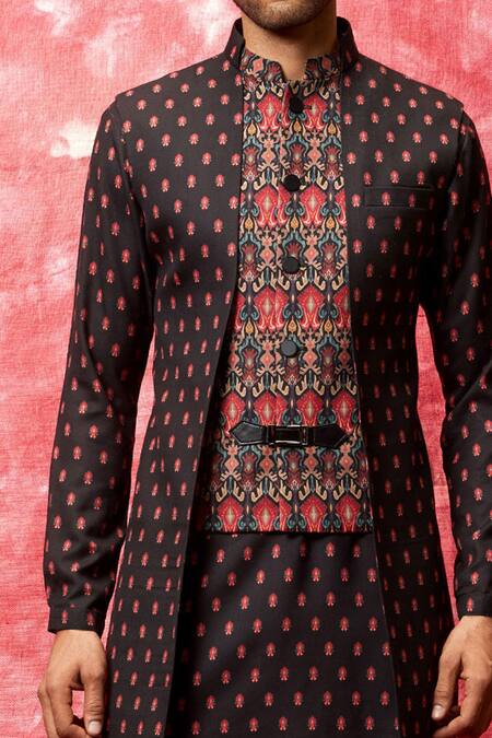 Buy_Qbik_Black Cotton Viscose Printed Jacket Kurta Set _Online_at_Aza_Fashions