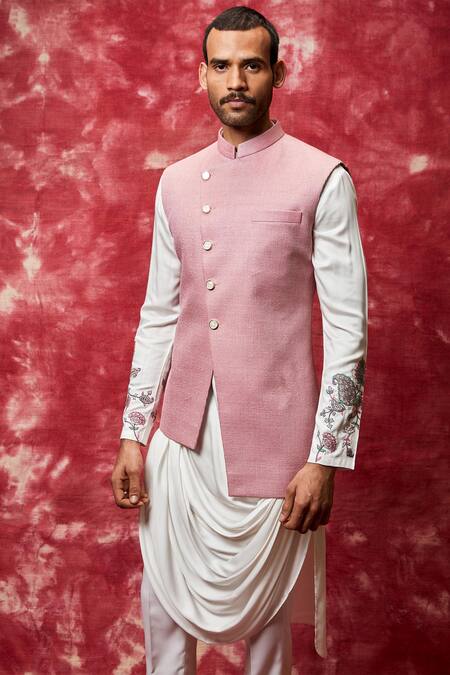 Qbik_Pink Matka Silk Embroidered Nehru Jacket Set _Online_at_Aza_Fashions