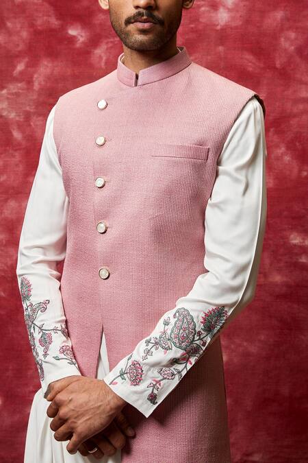 Buy_Qbik_Pink Matka Silk Embroidered Nehru Jacket Set _Online_at_Aza_Fashions