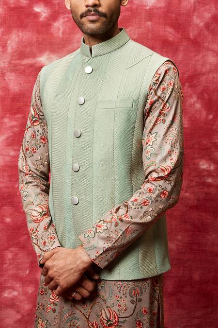 Qbik_Green Cotton Silk Nehru Jacket Set _Online_at_Aza_Fashions