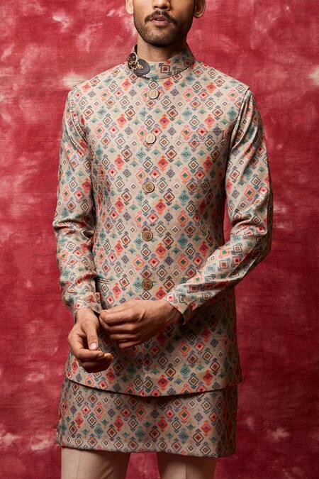 Qbik_Grey Cotton Viscose Printed Nehru Jacket Set _Online_at_Aza_Fashions